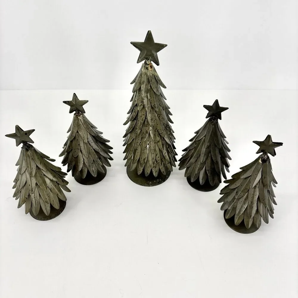 Set of 5 POTTERY BARN Galvanized Village Star Topped Trees Small & Large VTG